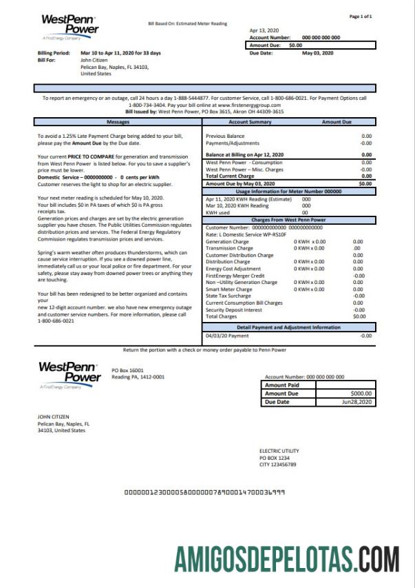imprimível Modelo de conta de serviços públicos de energia da Pensilvânia West Penn nos EUA em formato Word e PDF